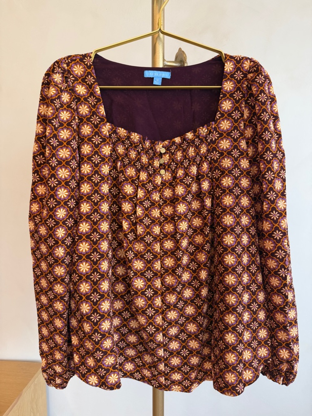 New Draper James Plum & Gold Floral Scoop-Neck Blouse